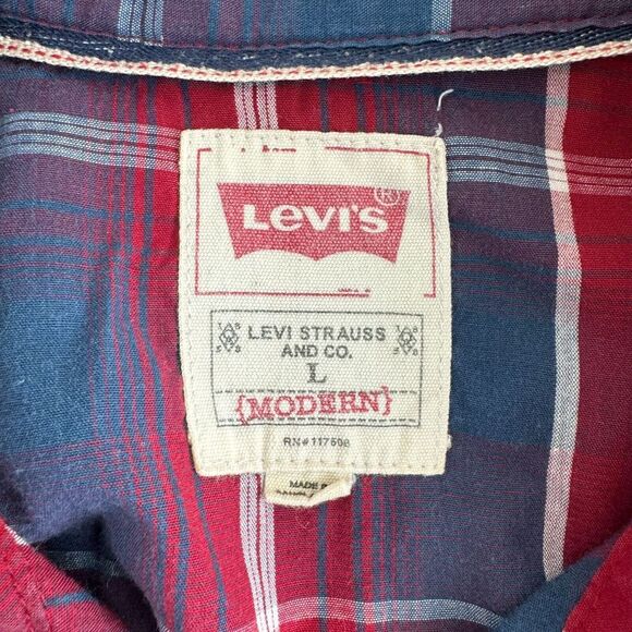 Levis Shirt Mens Large Red White Blue Plaid Snap Western Flap Pockets Modern - Picture 2 of 11